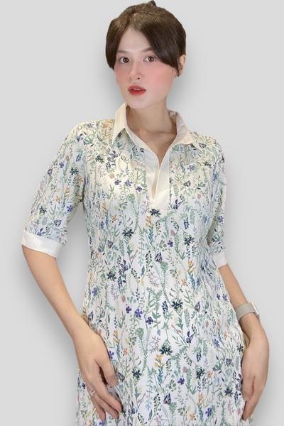 Đầm smi cổ mổ trụ, tay ngắn măng sết