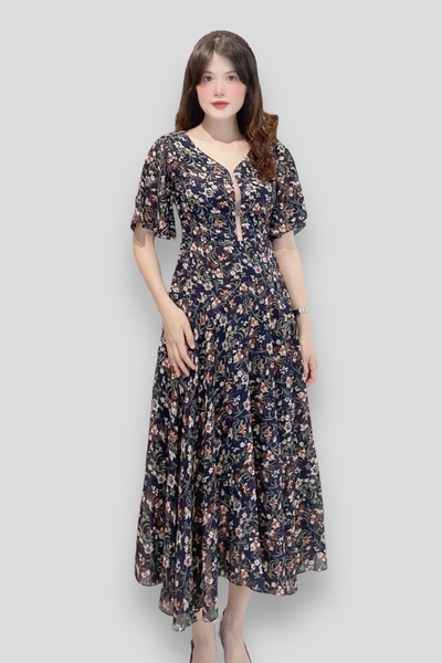 Đầm maxi tay ngắn, cổ tim lưới rã eo tùng rộng