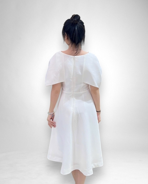 Đầm tiệc vai chụp tùng xòe, nơ 1 bên 2l- trắng