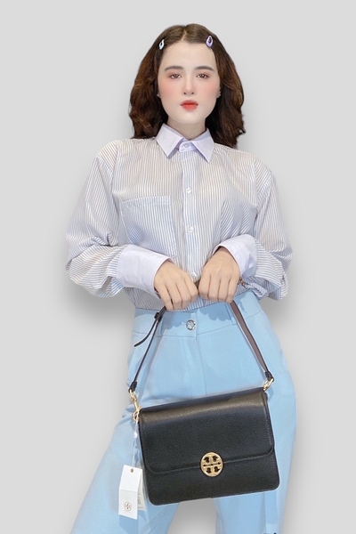 Áo smi tay dài xẻ nút bản to phối trắng