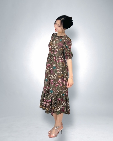 Đầm suông tay lỡ bèo lai bông chân 2l - voan nâu hoa