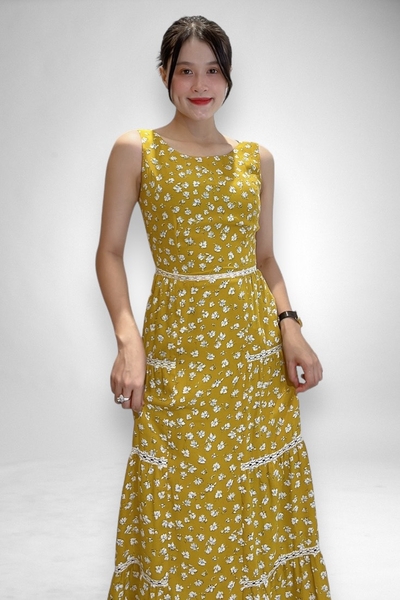 Đầm maxi tầng cổ thuyền rã eo ghép ren