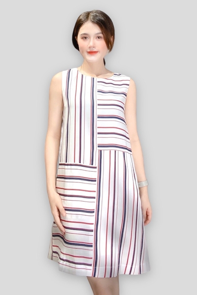 Đầm tunic phối sọc ngang xuôi 1 túi 2l - linen thun sọc