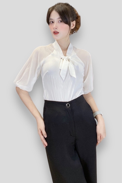 Áo cổ tim cột dây nơ, tay dún bo