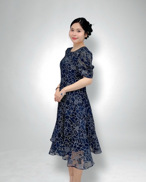Đầm cổ tròn trước V sau, 6 mảnh tay ngắn dún, voan ép xanh dương, 2 lớp