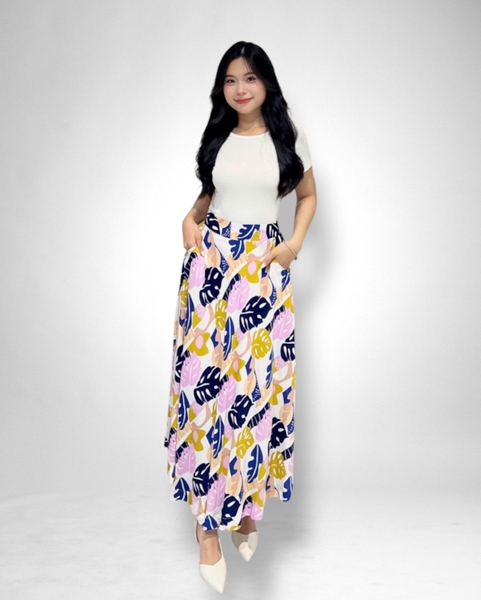 Váy xéo dài, túi, 2 lớp, cotton trắng hoạ tiết lá nhiệt đới