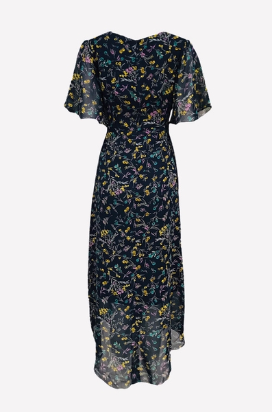 Đầm maxi tay ngắn, cổ tim lưới rã eo tùng rộng