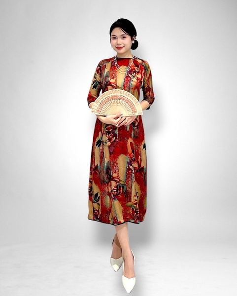Đầm suôn cổ tròn viền tay raplan dài viền