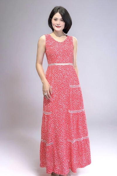 Đầm maxi tầng cổ thuyền rã eo ghép ren