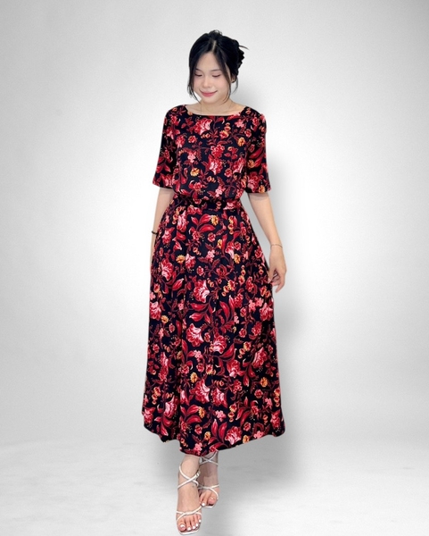 Đầm maxi rã eo cài nút sau, thun sau, tay ngắn