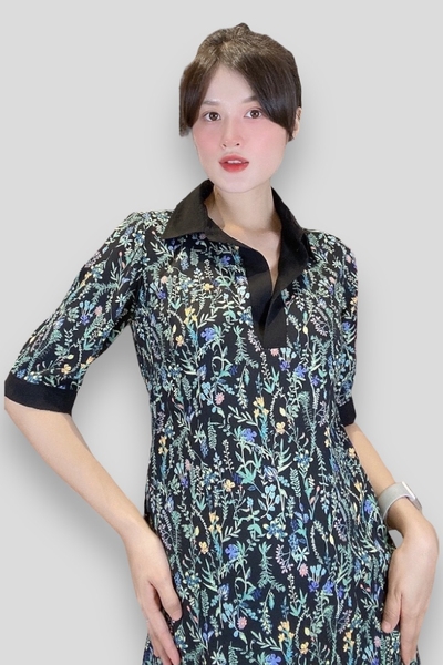 Đầm smi cổ mổ trụ, tay ngắn măng sết