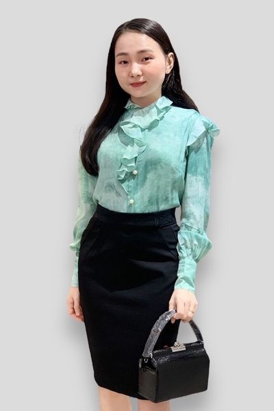 Áo sơ mi cổ lãnh tụ xẻ nút bèo cổ tay dài măng sết bèo vai -xanh