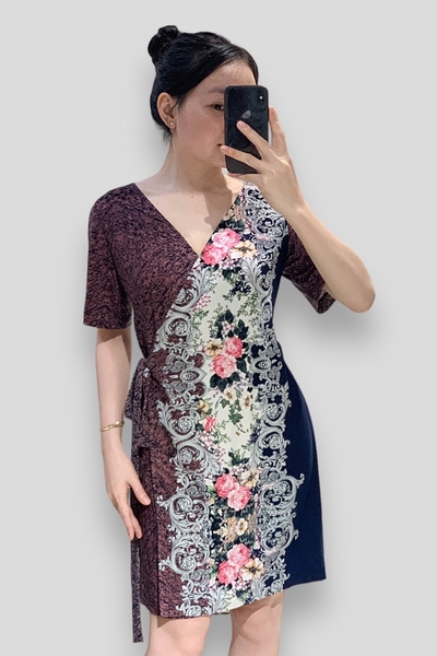 Đầm tim đắp cột dây eo tay ngắn - thun lạnh hoa