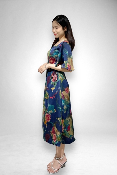 Đầm maxi cổ tim tay cánh tiên rút eo