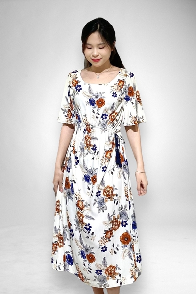 Đầm maxi cổ tim tay cánh tiên rút eo