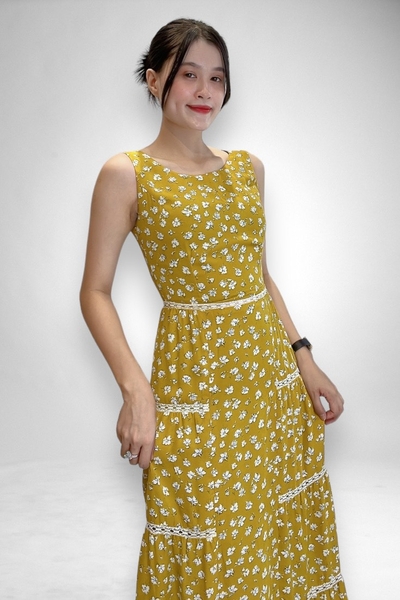 Đầm maxi tầng cổ thuyền rã eo ghép ren