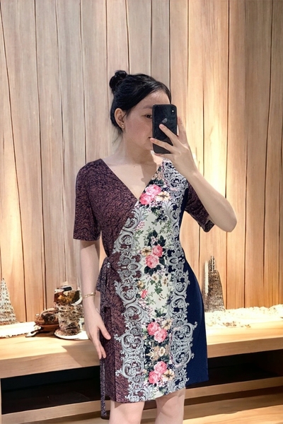 Đầm tim đắp cột dây eo tay ngắn - thun lạnh hoa