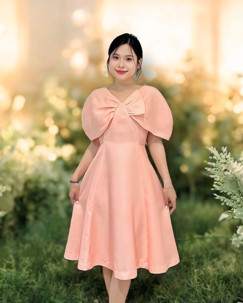 Đầm tiệc vai chụp tùng xòe, nơ 1 bên 2l - hồng dâu