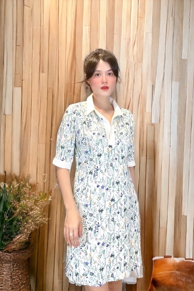 Đầm smi cổ mổ trụ, tay ngắn măng sết