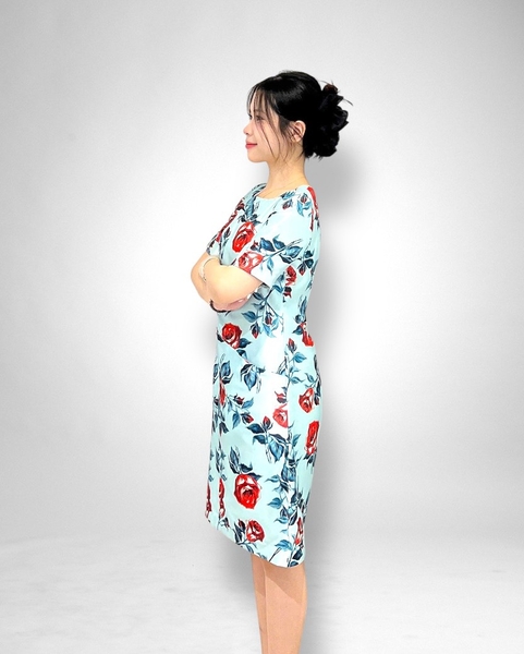 Đầm suông cổ thuyền v trên vai, dk sắt, túi xéo trước, tay con, 2 lớp