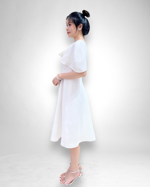 Đầm tiệc vai chụp tùng xòe, nơ 1 bên 2l- trắng