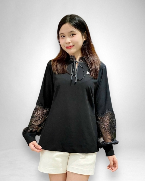 Áo sơ mi cổ lãnh tụ xẻ nút bèo cổ tay dài măng sết bèo vai - đen