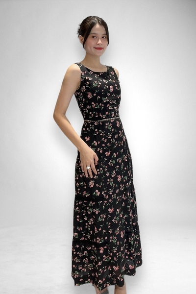 Đầm maxi tầng cổ thuyền rã eo ghép ren
