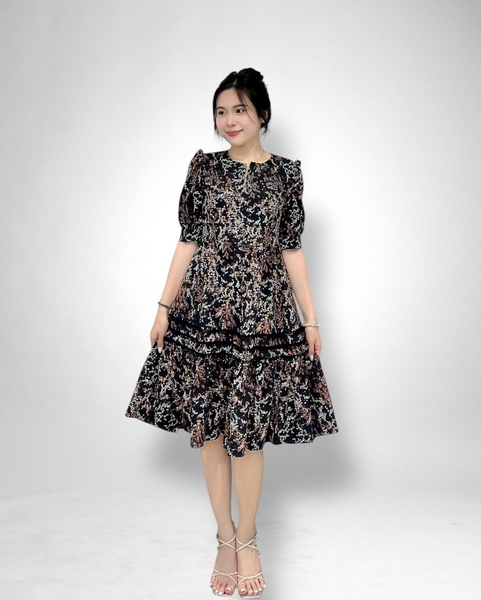Đầm suông tay lỡ bèo lai bông chân 2l - voan đen hoa