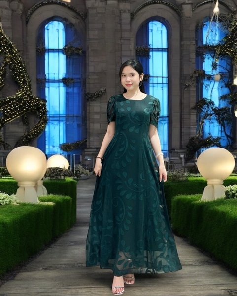 Đầm maxi 6 mảnh cổ tim tay ngắn -  voan ép xanh rêu