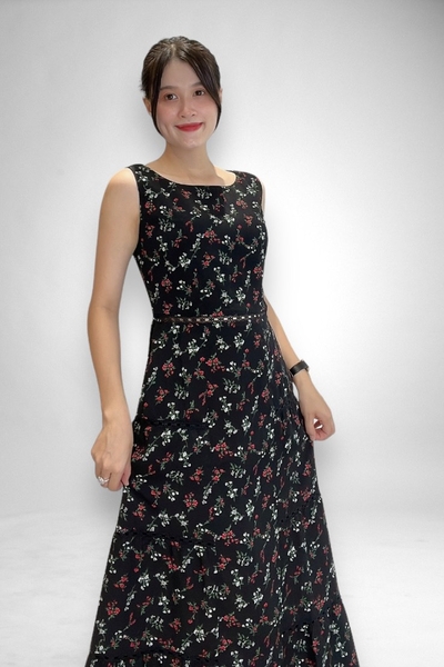 Đầm maxi tầng cổ thuyền rã eo ghép ren