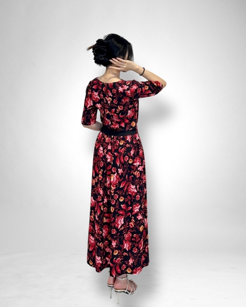 Đầm maxi rã eo cài nút sau, thun sau, tay ngắn