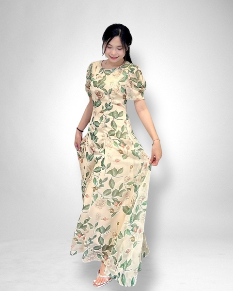 Đầm maxi 6 mảnh cổ tim tay ngắn 2 lớp -  voan kem lá xanh