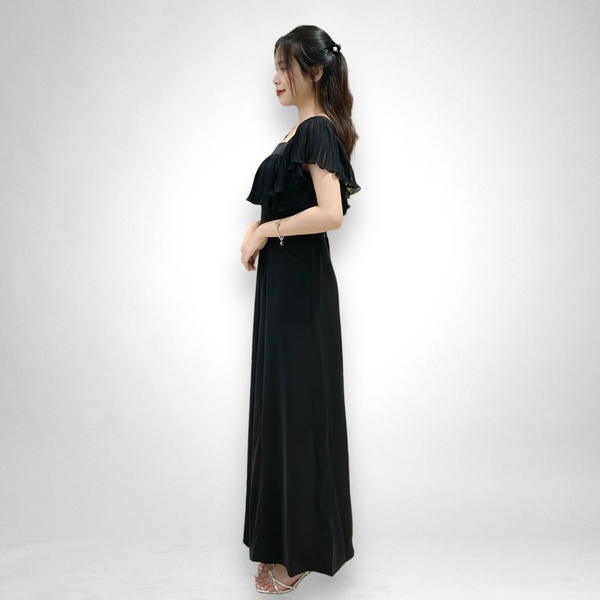 Jumsuit dài cổ vuông bèo dập, 2 túi trước - đen