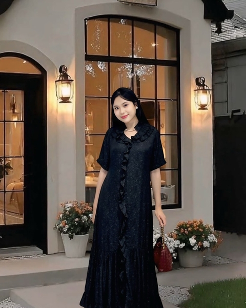 Đầm maxi tay ngắn suông tùng dún, cổ V bèo, 2l, dk sau