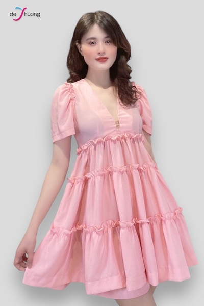Set quần + đầm babydoll cổ V sâu tay ngắn 3 tầng bèo