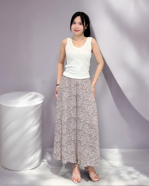 Quần ống rộng n mảnh lưng thun - tơ sống kem hoa văn nâu