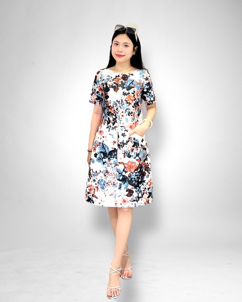 Đầm suông cổ thuyền v trên vai, dk sắt, túi xéo trước, tay con, 2 lớp