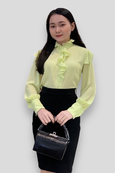Áo sơ mi cổ lãnh tụ xẻ nút bèo cổ tay dài măng sết bèo vai - vàng