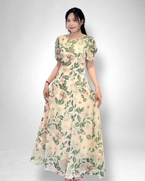 Đầm maxi 6 mảnh cổ tim tay ngắn 2 lớp -  voan kem lá xanh