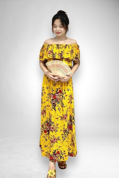 Đầm maxi cổ bèo eo thun chỉ