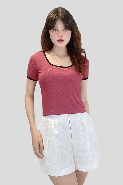Áo thun croptop cổ U viền tay ngắn - thun sọc tăm bóng
