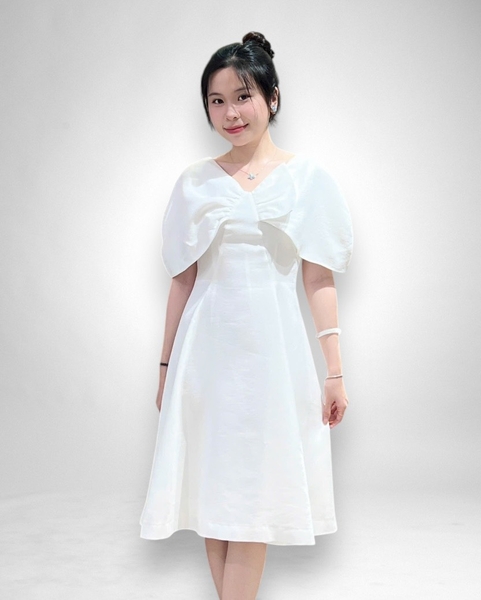 Đầm tiệc vai chụp tùng xòe, nơ 1 bên 2l- trắng