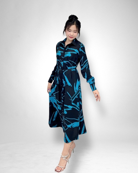 Đầm maxi xẻ nút tay dài, bâu, tay viền đen + nịt chuông đen
