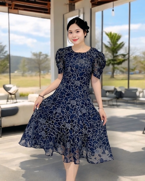 Đầm cổ tròn trước V sau, 6 mảnh tay ngắn dún, voan ép xanh dương, 2 lớp
