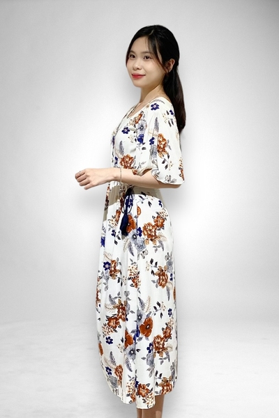Đầm maxi cổ tim tay cánh tiên rút eo