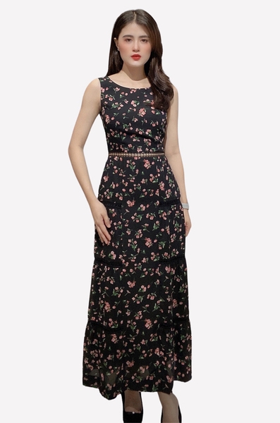 Đầm maxi tầng cổ thuyền rã eo ghép ren
