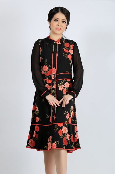 Đầm cổ tàu rã eo bèo lai viền