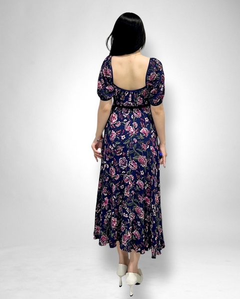 Đầm cổ vuông tay ngắn viền đỏ đô/ xanh