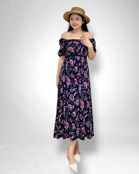 Đầm cổ vuông tay ngắn viền đỏ đô/ xanh