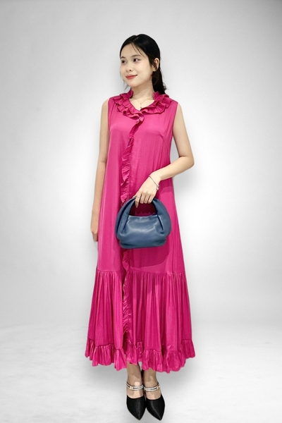 Đầm maxi suông tùng dún, cổ V bèo 2l
